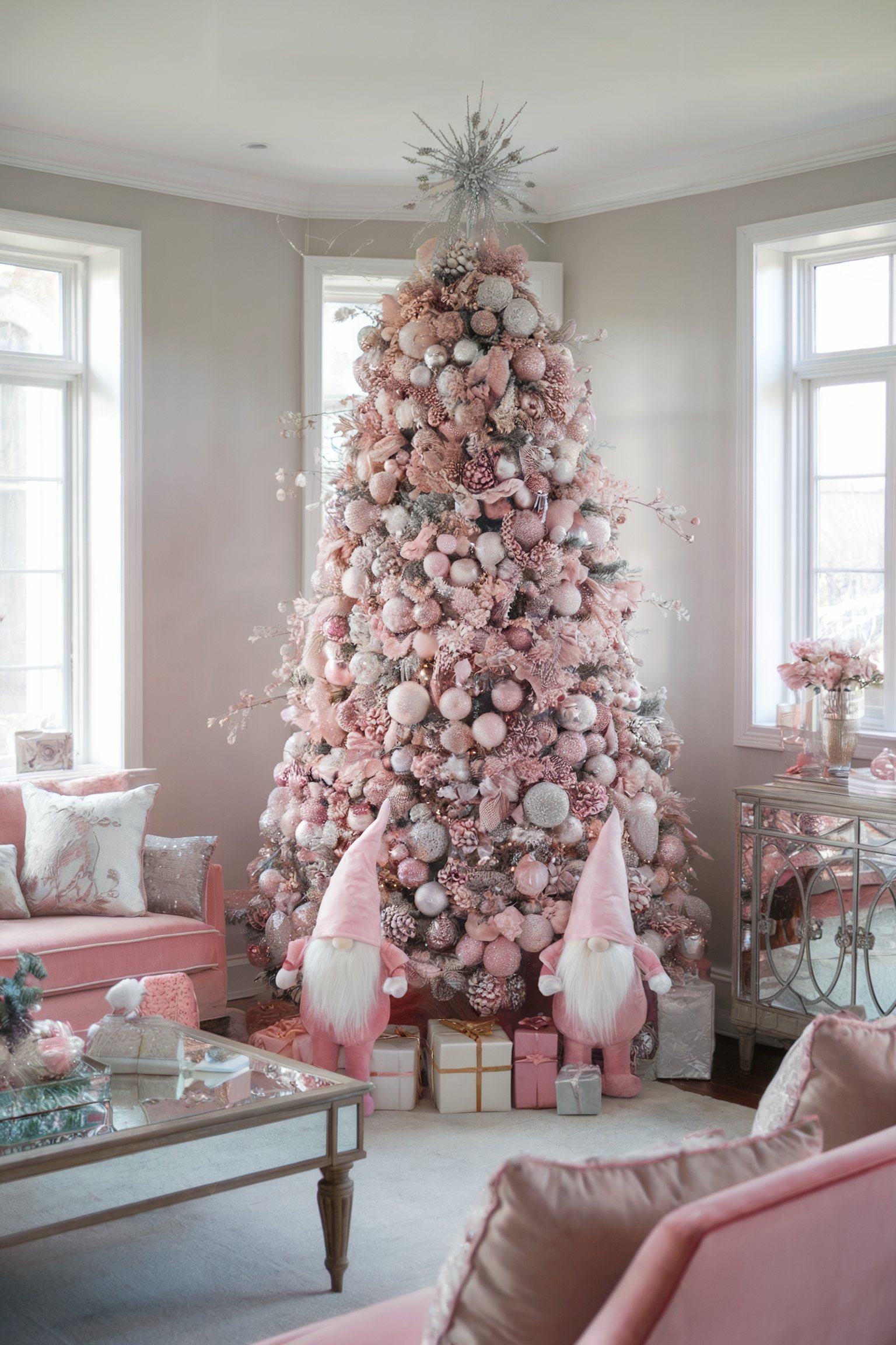 Elegant room with a pink Christmas tree covered in pink and silver ornaments, surrounded by pink furniture and decorative gnome figures