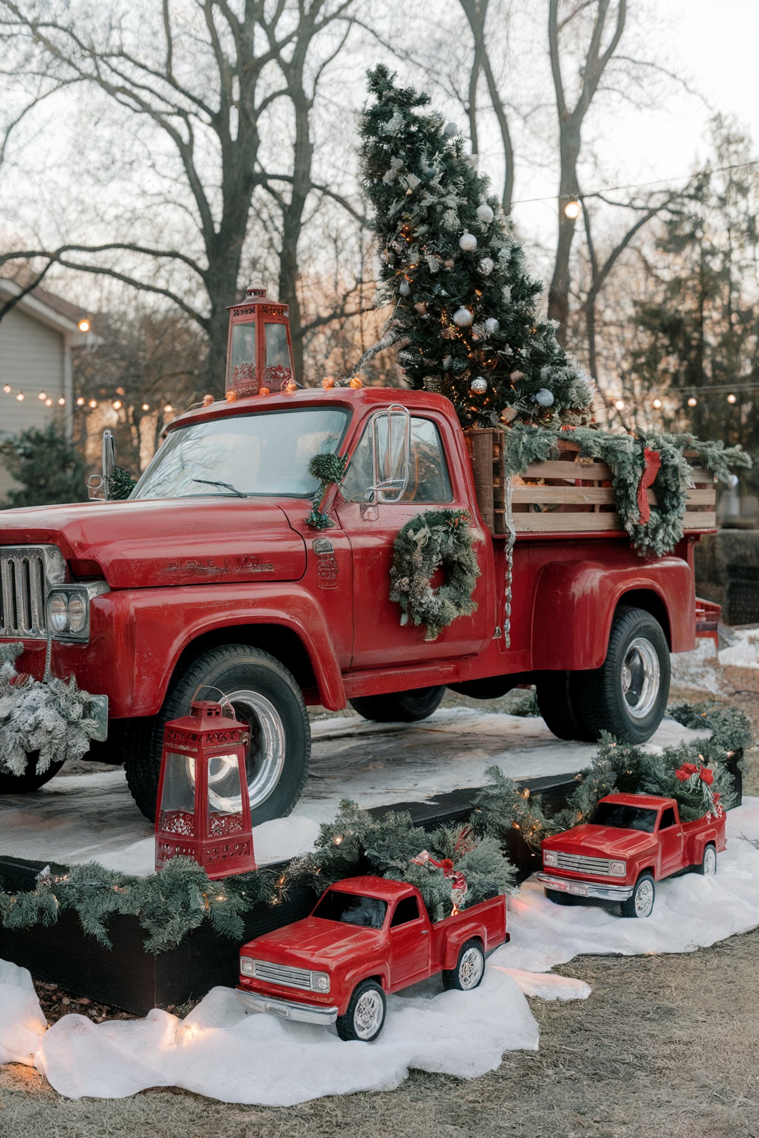 Vintage red pickup with a Christmas tree in the bed, red lanterns, and toy trucks adorned with festive greenery