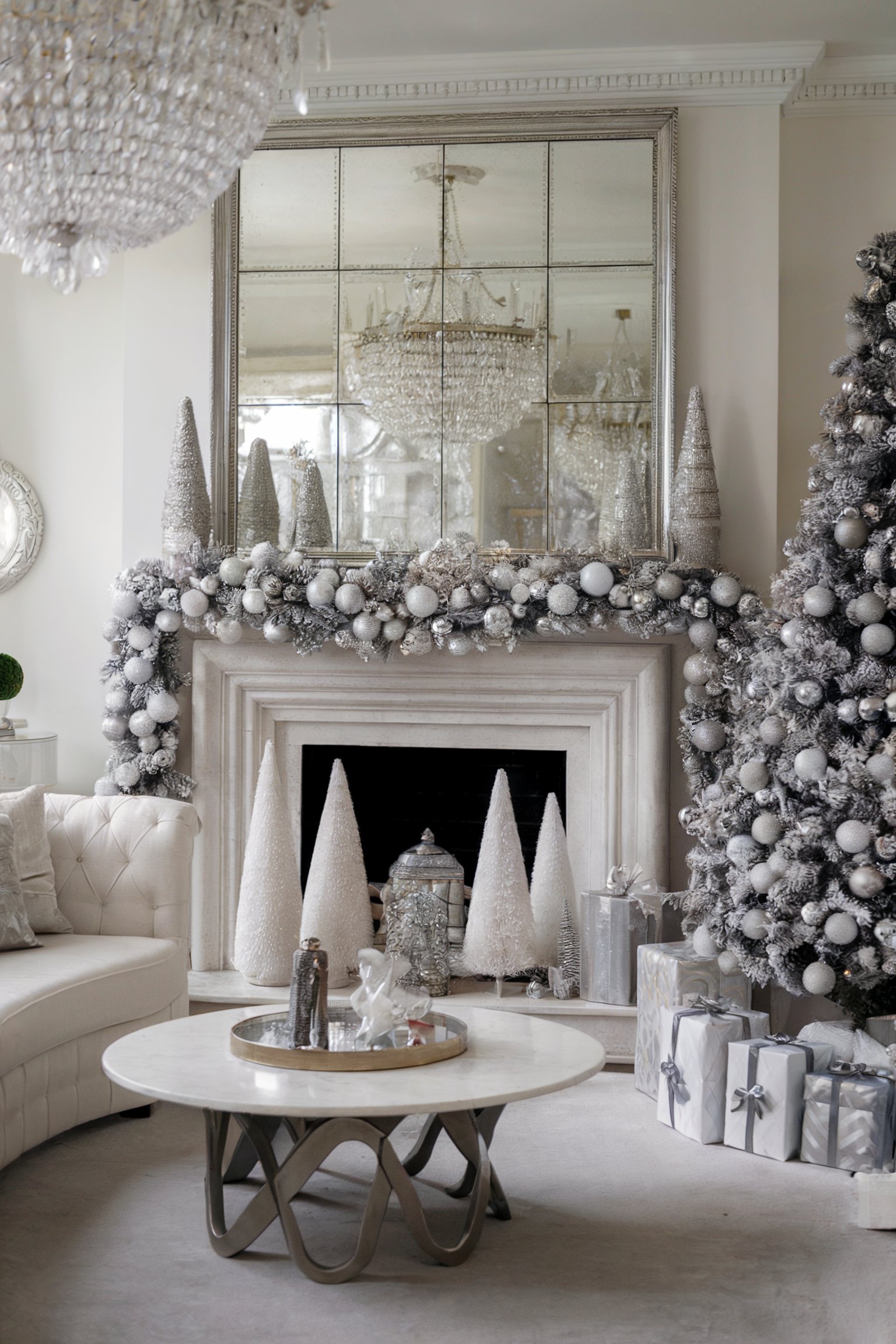 Sophisticated silver-themed living room featuring a fireplace with silver garlands, a silver Christmas tree, and wrapped silver gifts