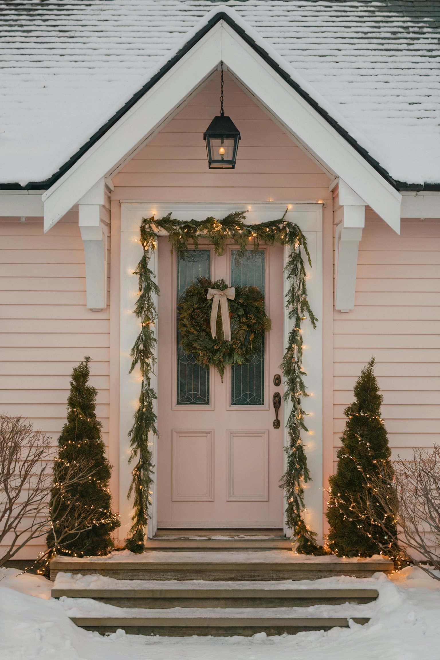 Pink front door with a greenery wreath, garland, twinkling lights, and topiary trees, surrounded by snow