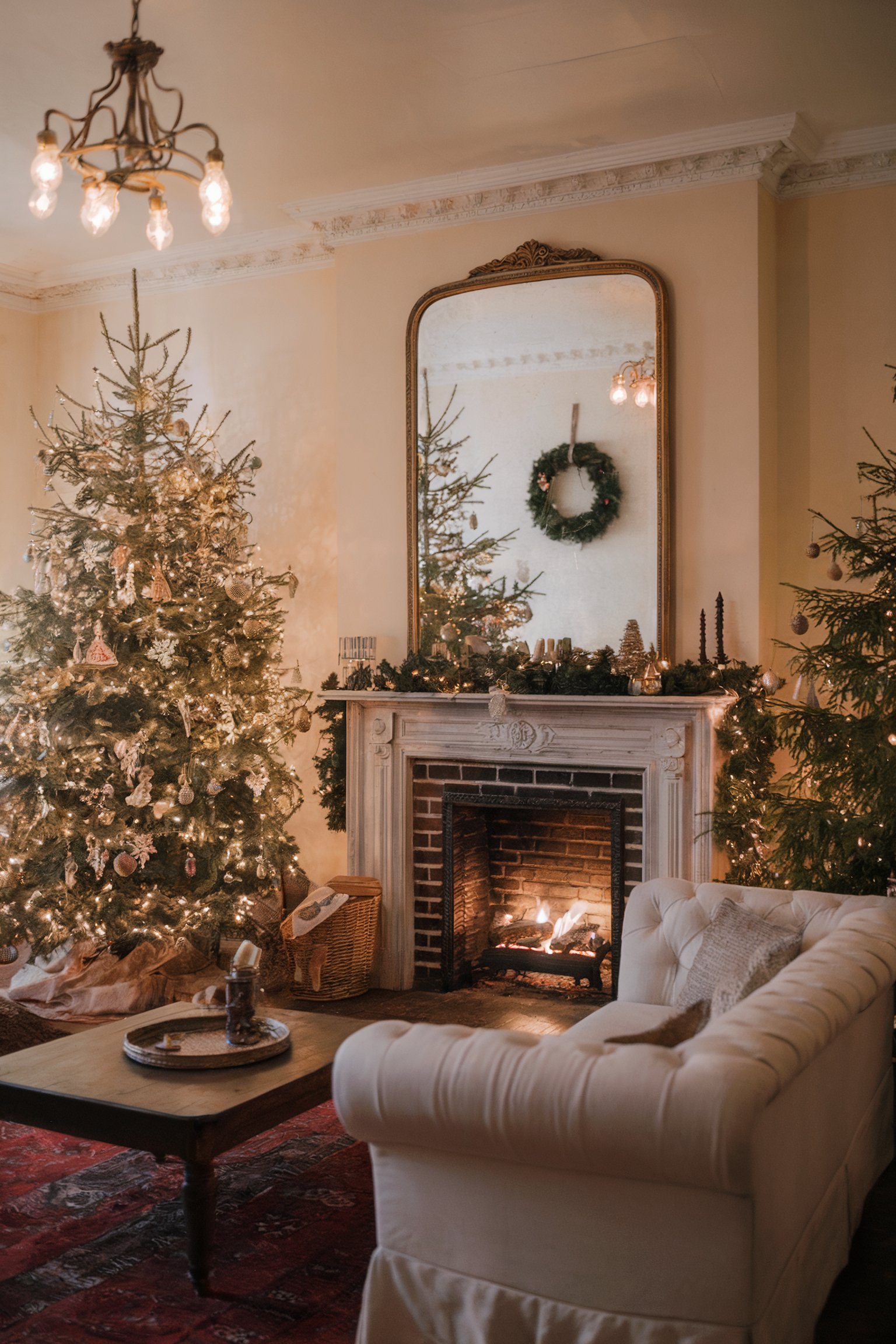 A warm space featuring a Christmas tree, lit fireplace, and greenery