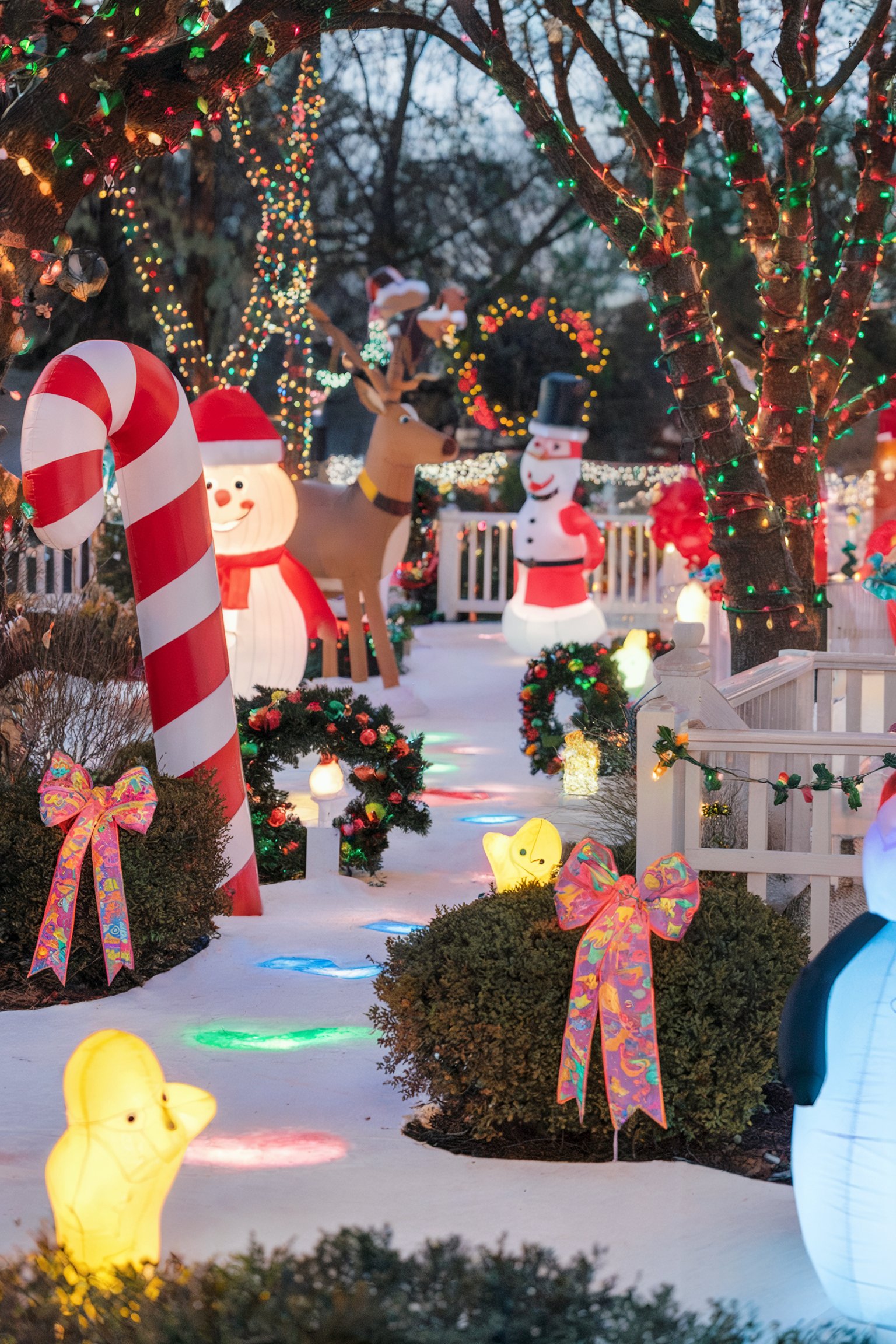 Whimsical outdoor Christmas scene with inflatable decorations, colorful lights, and a candy cane archway in a snow-covered yard