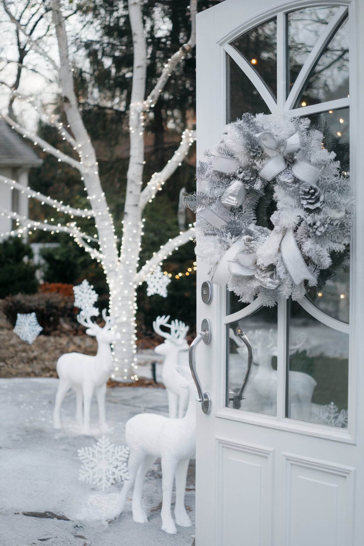 Snow-covered yard with white reindeer figures, a lit birch tree, and a frosted wreath on a partially open door