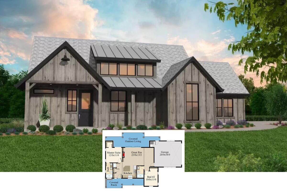 Rustic 2-Bedroom Modern Farmhouse with Covered Front and Back Porches (Floor Plan)