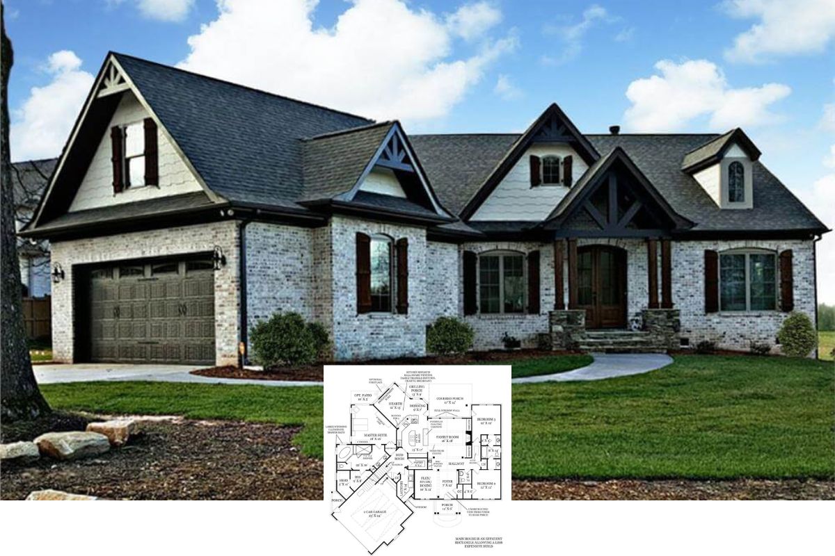 3-Bedroom Craftsman Home with Bonus Room Above the Angled Garage (Floor Plan)