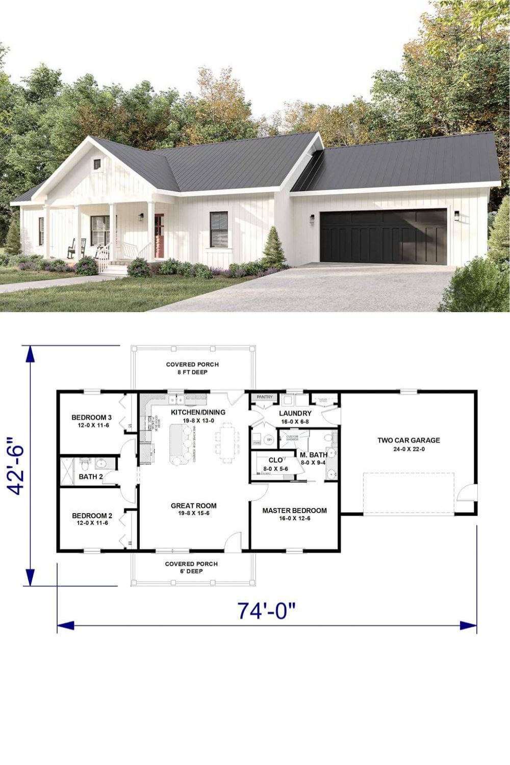 Board and batten siding, metal roofs, and a gabled entry porch supported by white columns adorn this 3-bedroom modern farmhouse. It includes a 2-car front-loading garage that connects to the home through a laundry room.