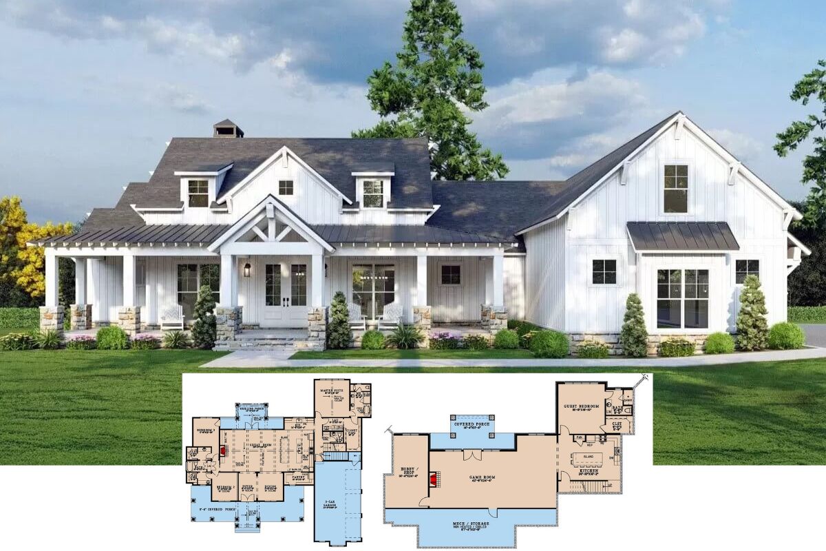 4-Bedroom Modern Farmhouse with In-Law Suite and Bonus Room (Floor Plan)