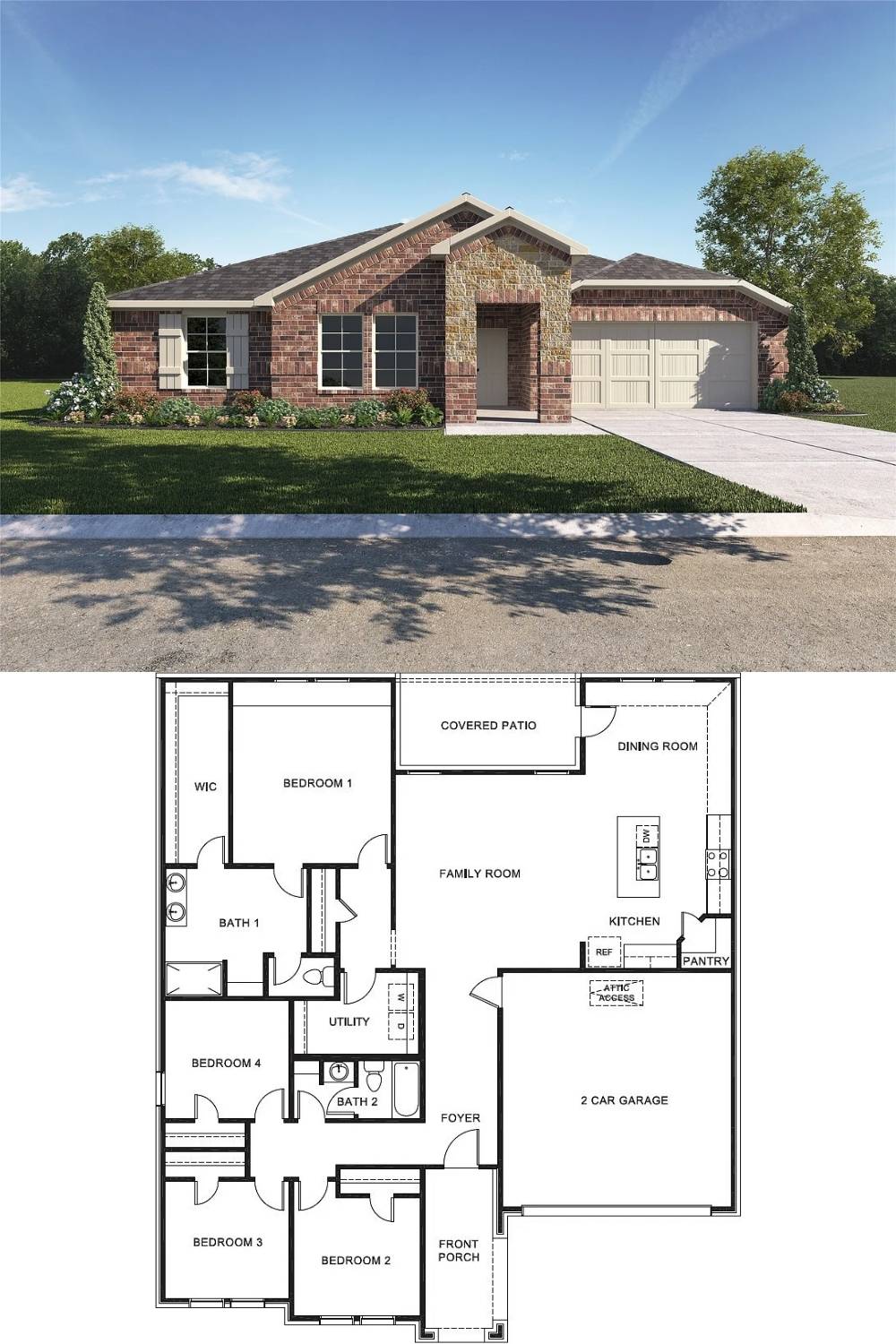 4-Bedroom Single Family Home with Front Porch and Covered Patio (1,946 Sq. Ft. Floor Plan)