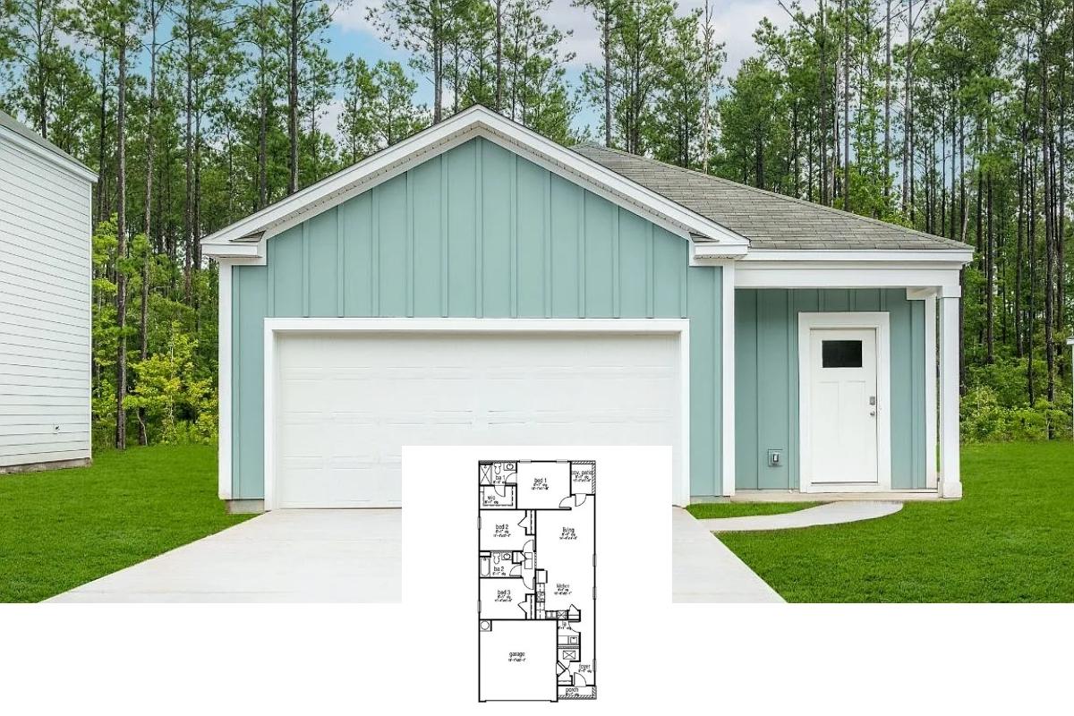 3-Bedroom Single Family Home with Covered Patio and Double Garage (1,257 Sq. Ft. Floor Plan)