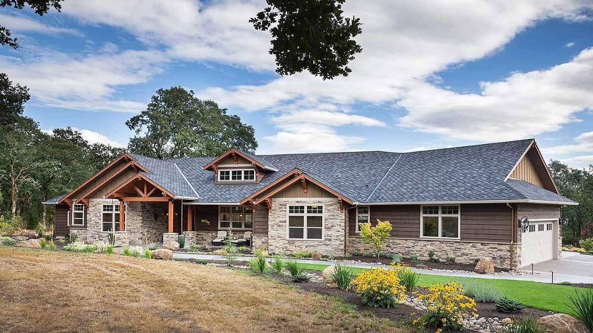 Classic Craftsman Ranch with Stone Accents and Gabled Rooflines