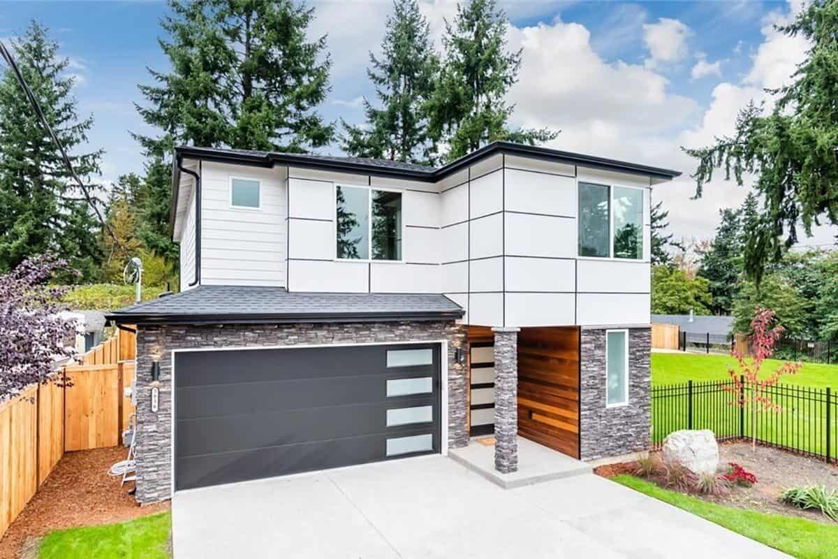 Check Out the Sleek Facade with Stone and Wood Accents