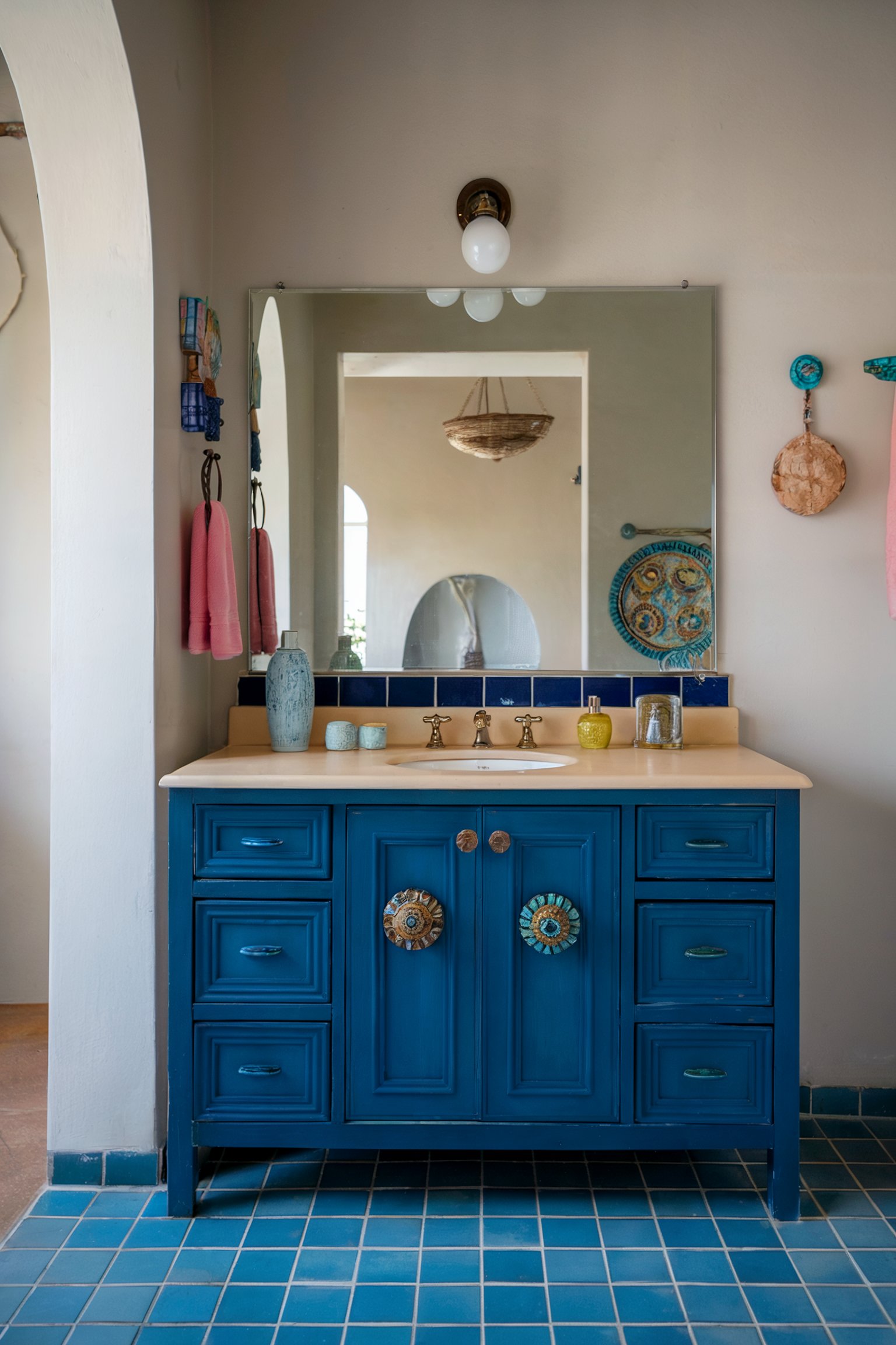 A bathroom vanity with a bold, deep blue cabinet adorned with decorative, ceramic handles