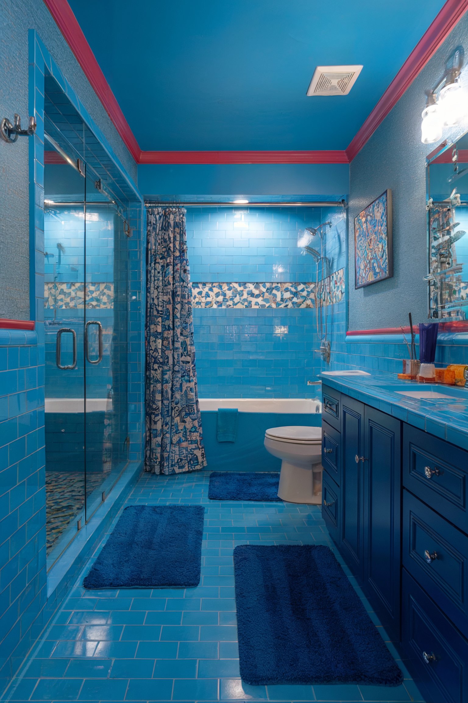 A bright blue-themed bathroom featuring matching tiled walls, floors, and a shower area, with pink accent trim adding a contrasting detail