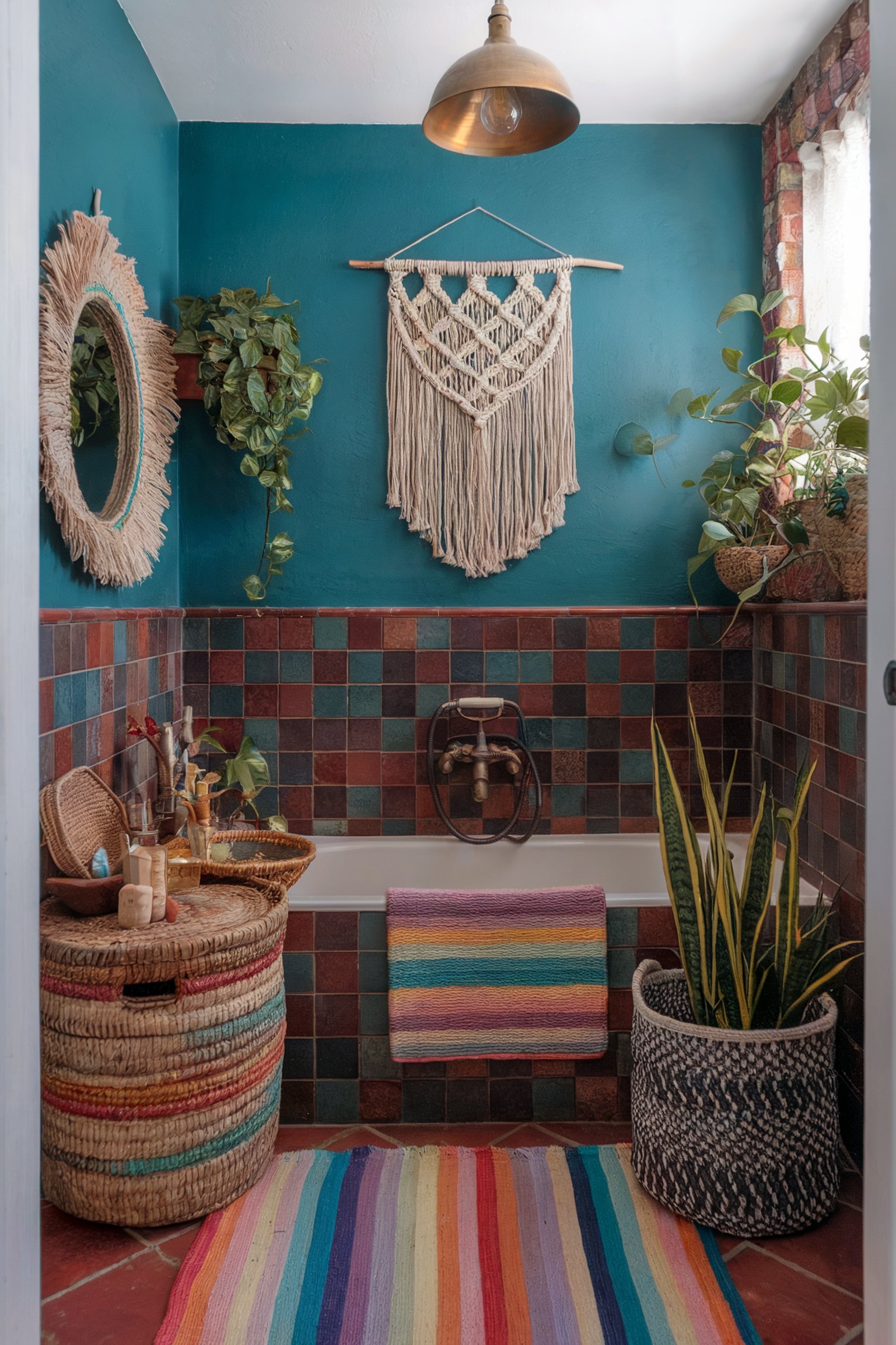 A cozy bathroom featuring teal walls, a multicolor tiled bathtub, and boho decor elements including woven baskets