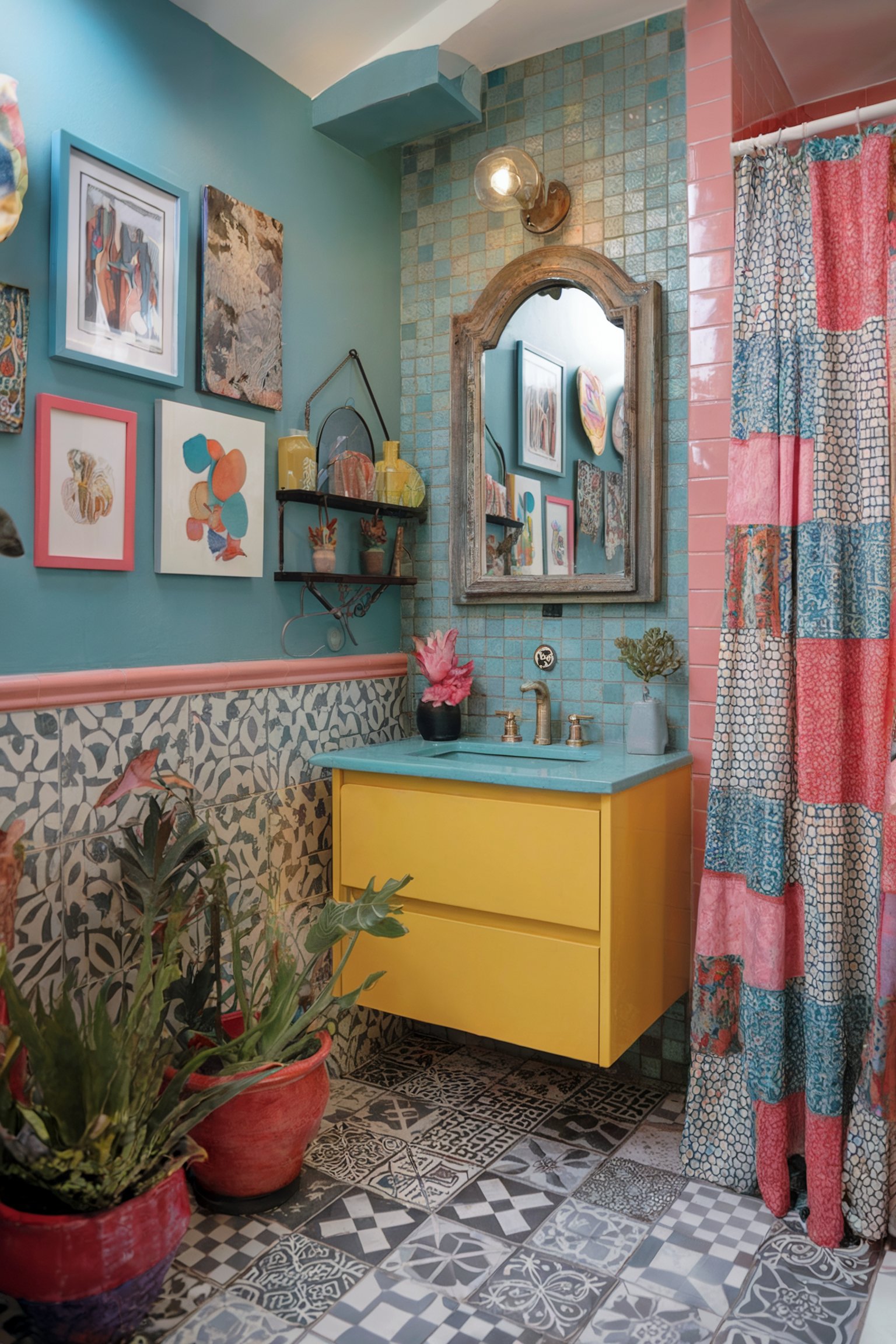 A vibrant bathroom with teal and pink wall tiles, a yellow vanity, blue countertop, and an assortment of framed art