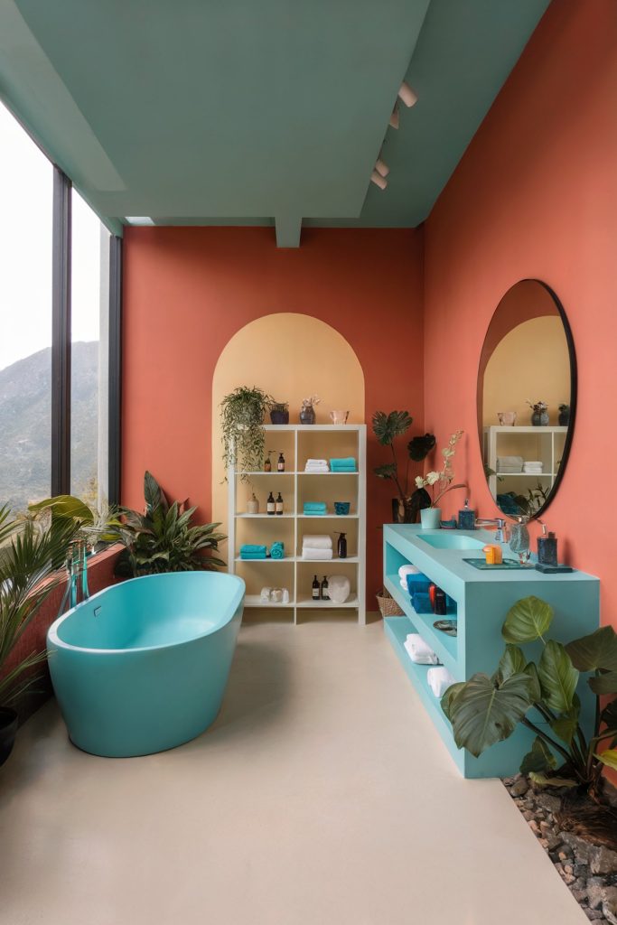 A modern bathroom with a bright orange wall, teal ceiling and bathtub, and an open shelving unit filled with towels and bath essentials