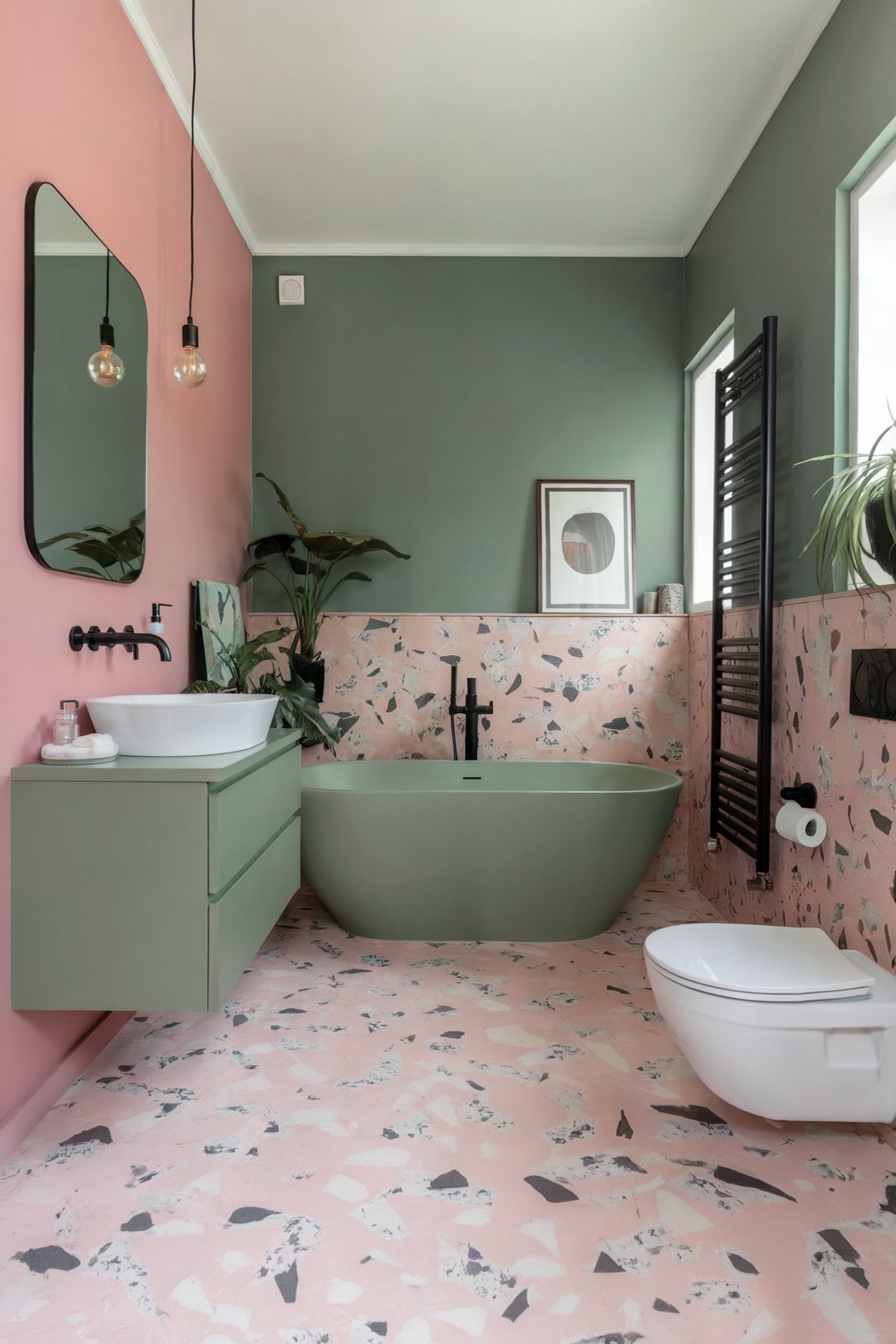 A bathroom with a bold green and pink color scheme, highlighted by terrazzo flooring and walls, a pastel green bathtub, and modern fixtures