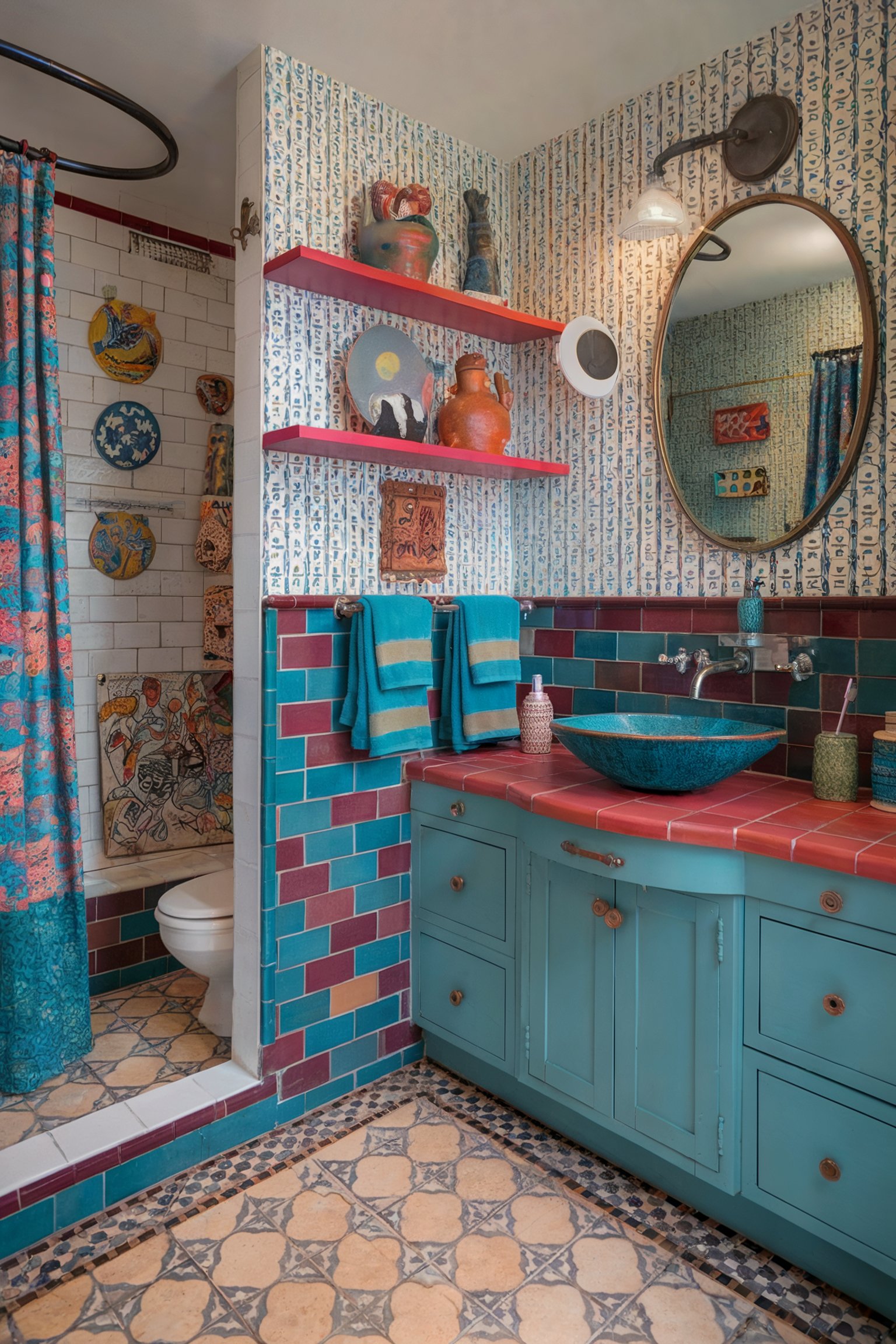 An eclectic bathroom showcasing teal cabinetry, vibrant red and teal tiles, patterned walls, and decorative items on open shelves