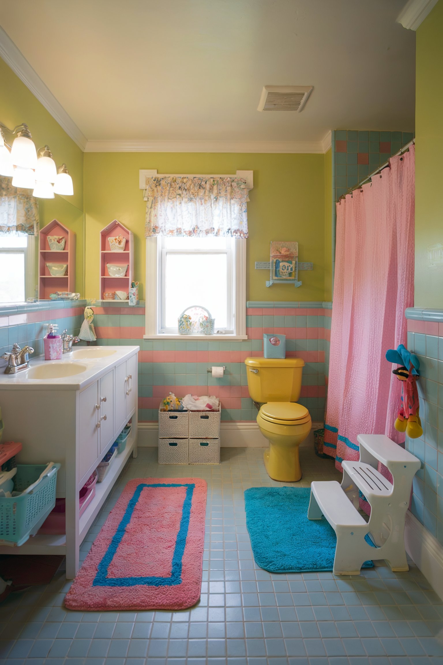 A playful and colorful kids' bathroom featuring green and pink tiled walls, a bright yellow toilet, and a pink shower curtain