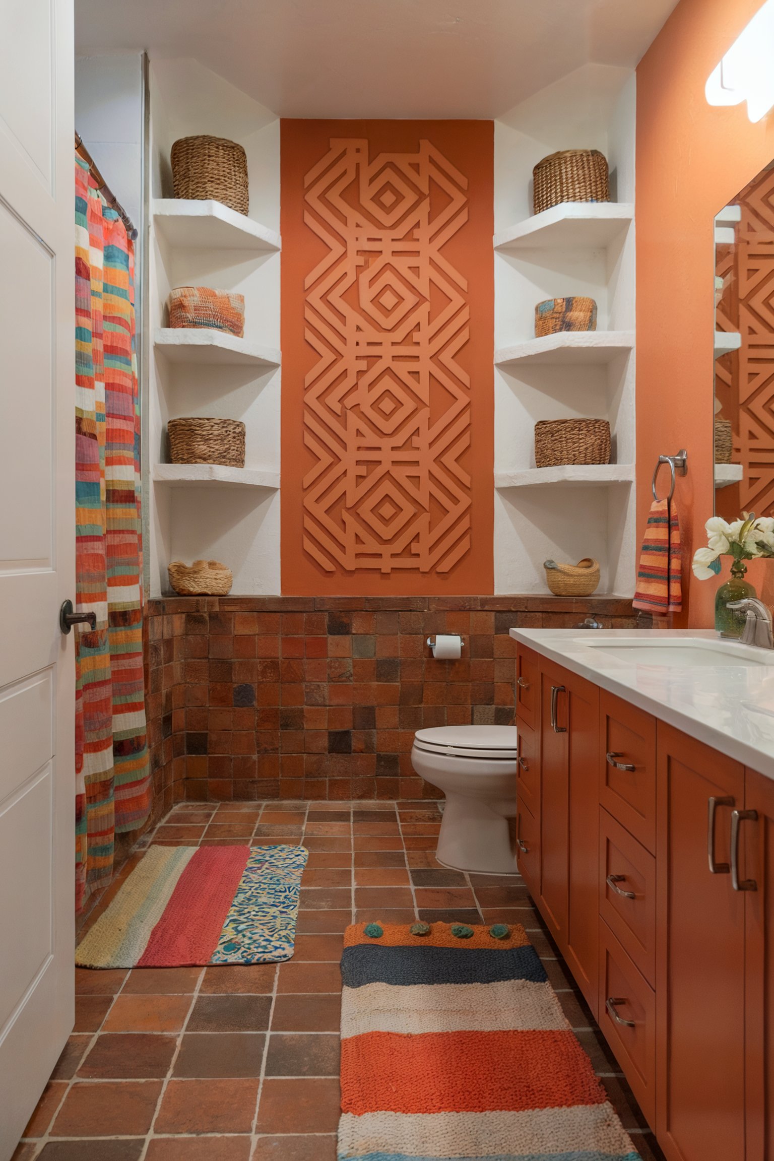 A warm, rustic bathroom design showcasing deep orange walls, earthy tiled floors, colorful decor, and woven baskets for storage