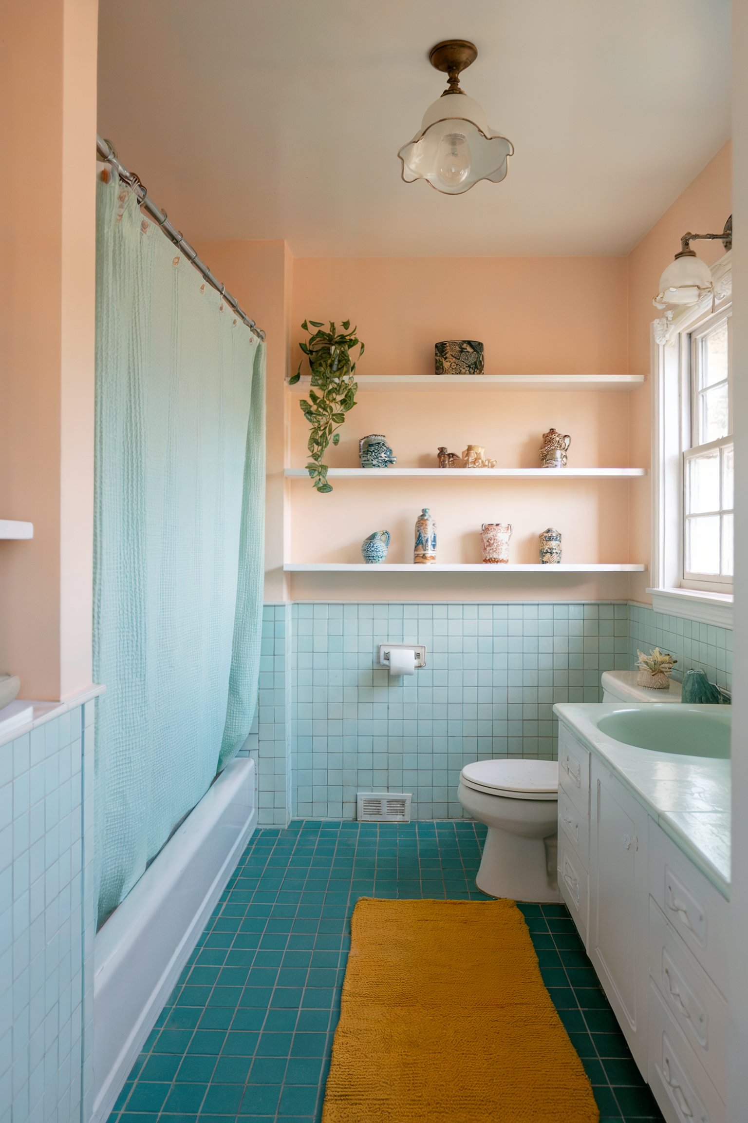 A light, pastel-themed bathroom with turquoise tiles, peach-colored walls, and a shower curtain in a soft teal shade