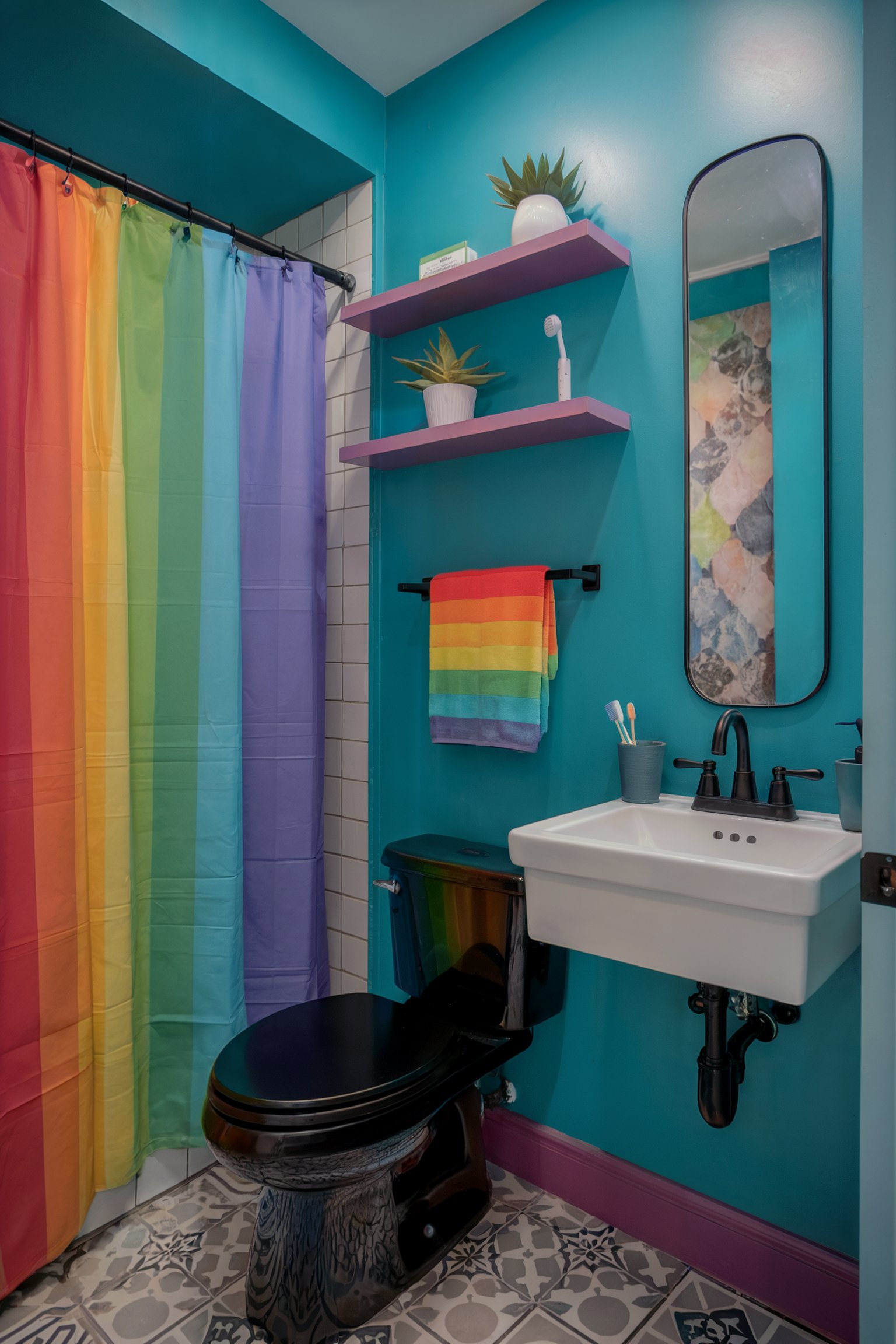 A vibrant, small bathroom with teal walls, a bold rainbow-striped shower curtain, and matching rainbow towel