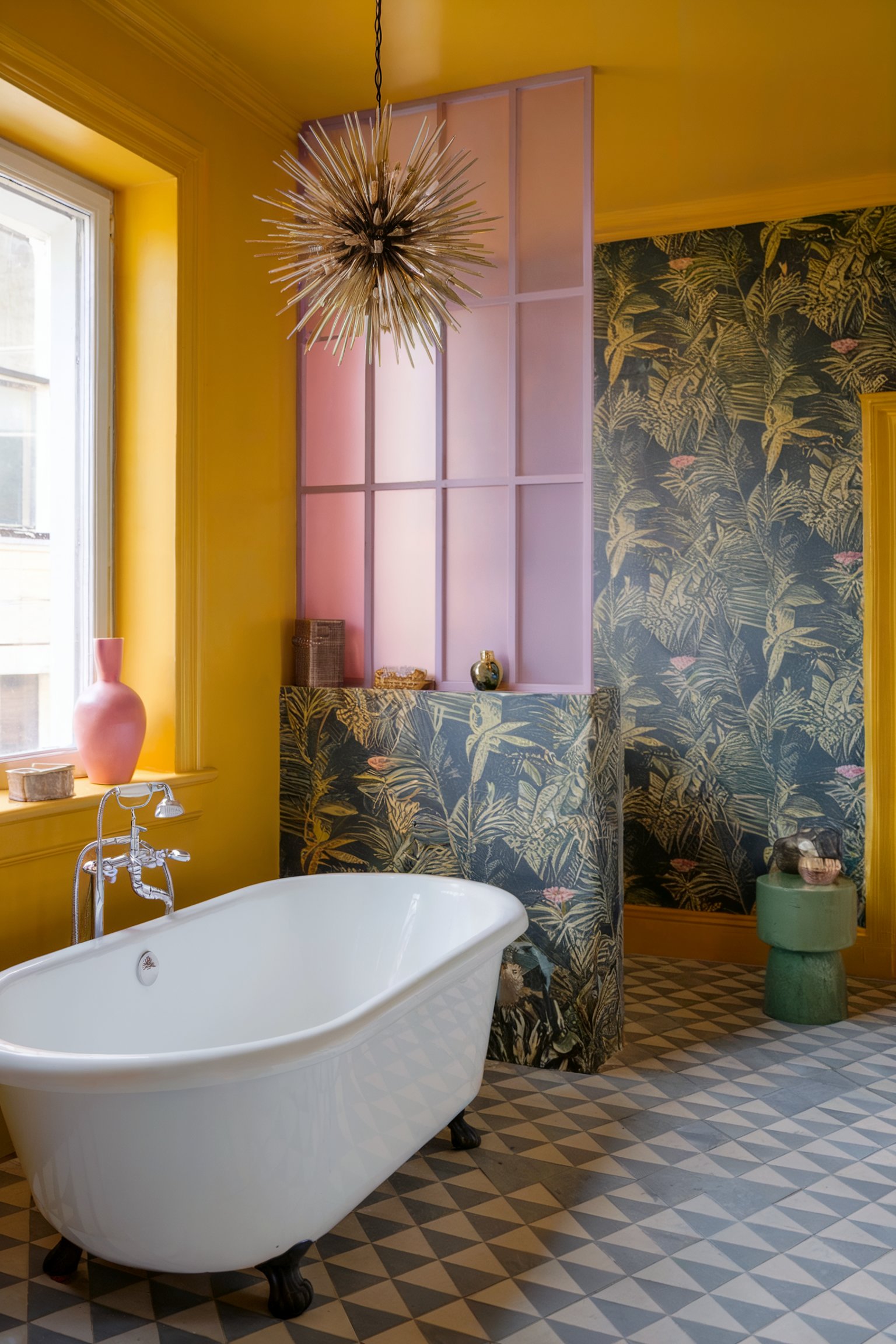 A vibrant yellow bathroom with tropical wallpaper and pink accents, centered around a classic white clawfoot bathtub and unique geometric flooring