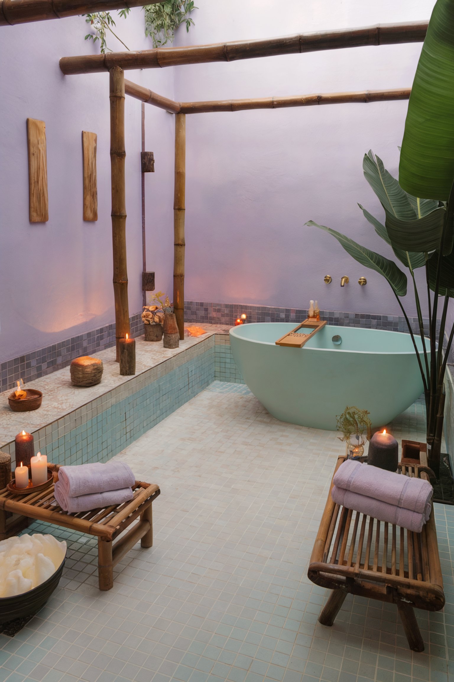 A tranquil, spa-like bathroom with a bamboo canopy, light lavender walls, a mint green soaking tub, and wooden accents