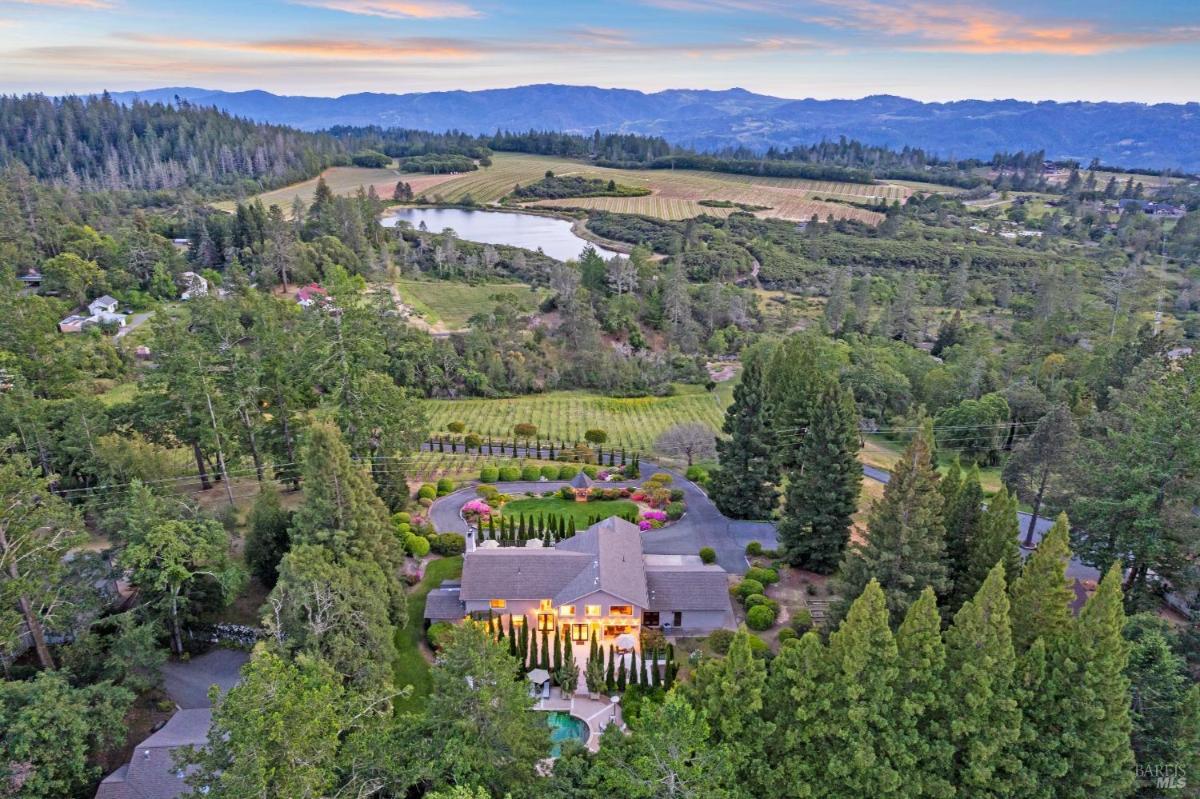 Aerial view of a house near a vineyard and a pond, surrounded by trees and hills.