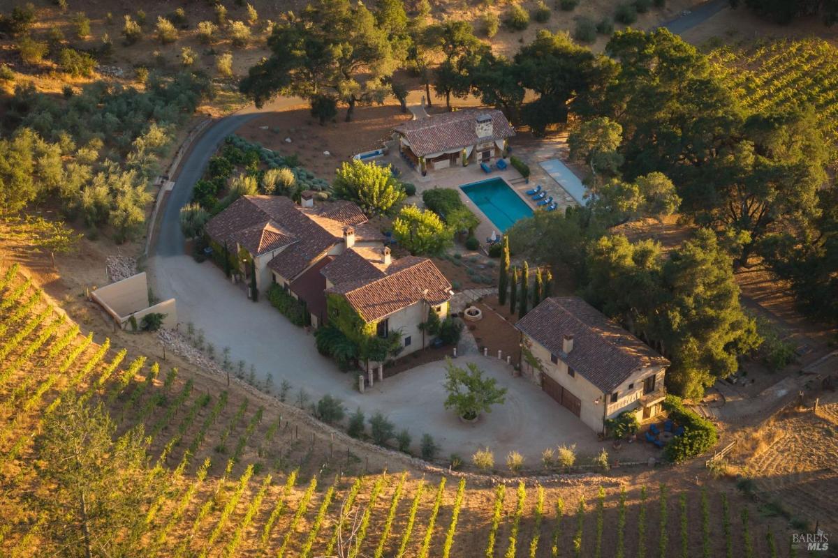 Aerial view of a property with multiple buildings, a pool, and surrounding vineyards.