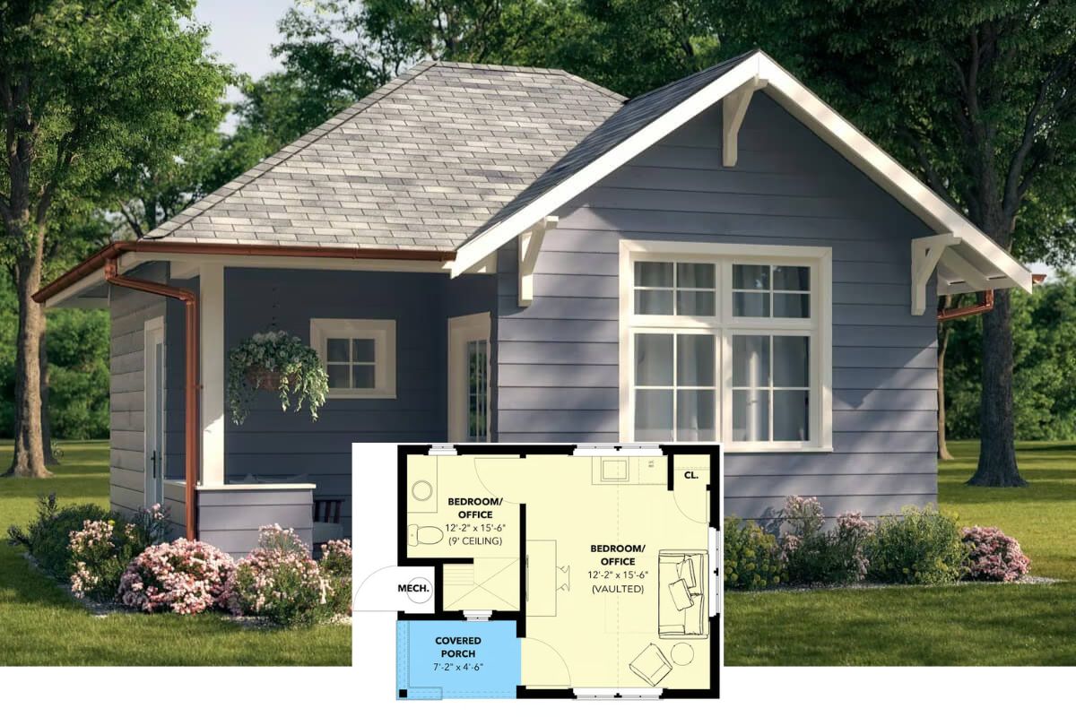 1-Bedroom Backyard Cottage Retreat or Office Oasis with Covered Front Porch (Floor Plan)