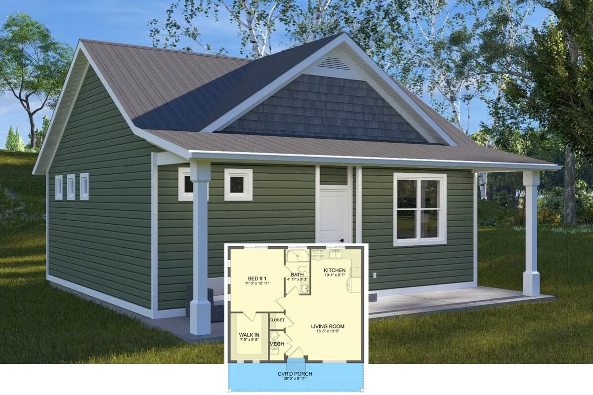 1-Bedroom Country-Style ADU with Front Porch and Open-Concept Living (Floor Plan)