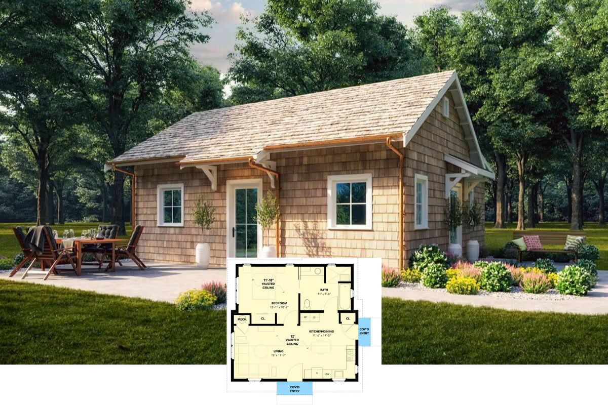 Rustic 1-Bedroom Wheelchair Accessible Shingle Cottage with Open-Concept Living (Floor Plan)