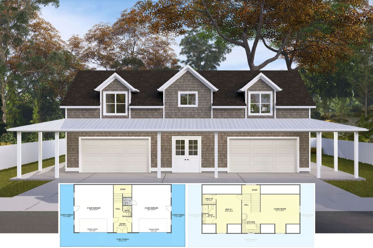 Shingle-Style 1-Bedroom Carriage Home with Wraparound Porch (Floor Plan)