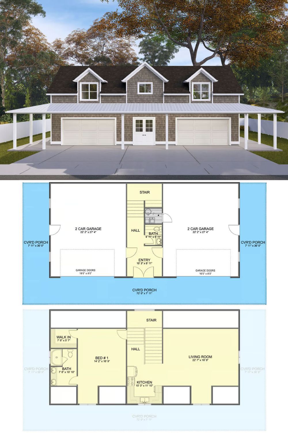 Clad in shingle siding, this carriage-style home blends thoughtful design with functional features. It showcases three shed dormers and two double garage bays, with a French front door as the centerpiece. A covered porch wraps around three sides of the home, extending the living space outdoors.