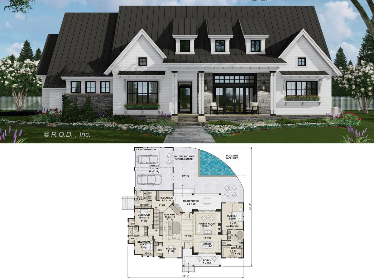 3-Bedroom Modern Ranch-Style Farmhouse with Covered Front & Rear Porches (Floor Plan)