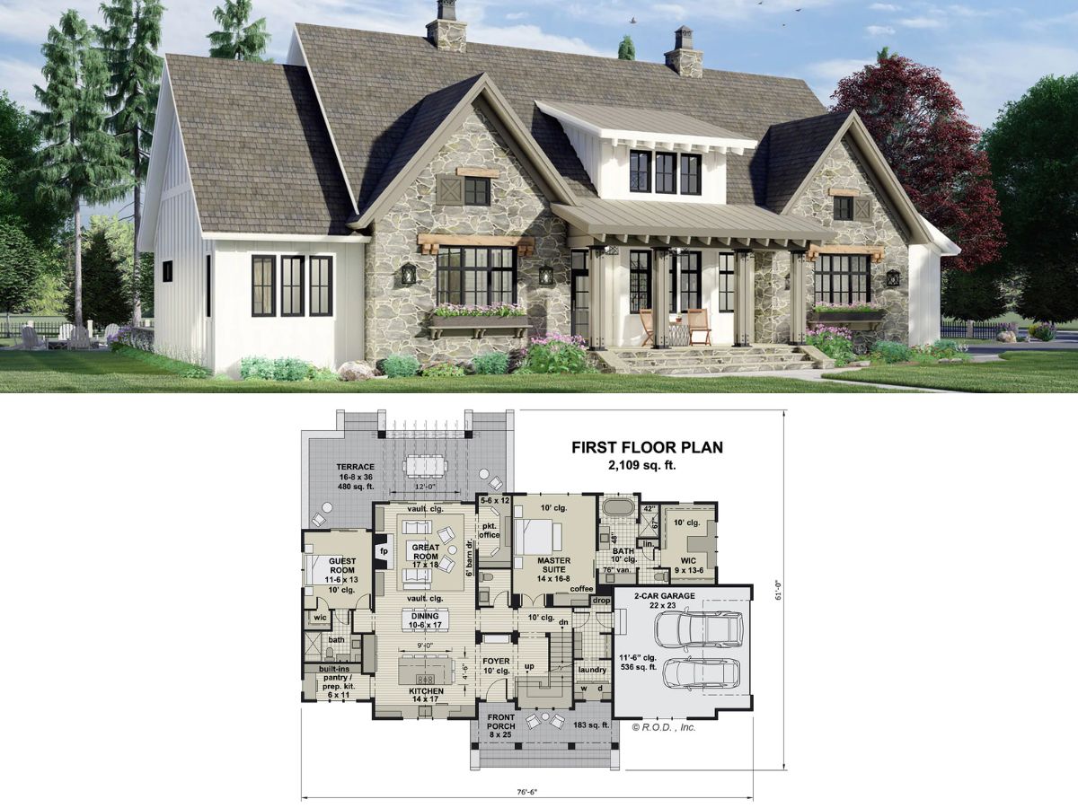 2-Story Wood-and-Stone Home w/ Terrace and Two-Car Garage (Floor Plan)