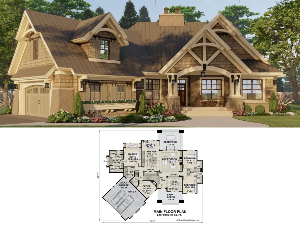 3-Bedroom Craftsman Home with Front and Rear Porch and an Angled Two-Car Garage (Floor Plan)