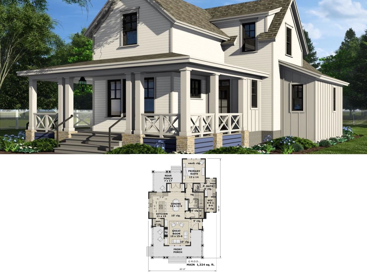 3-Bedroom Modern Farmhouse with Wraparound Front Porch (Floor Plan)