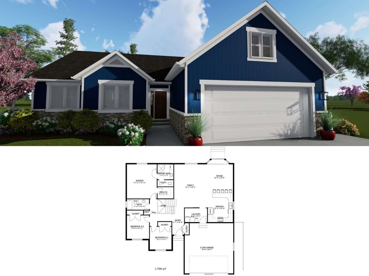 3-Bedroom Country-Style Home with 2-Car Garage (1,709 Sq. Ft. Floor Plan)