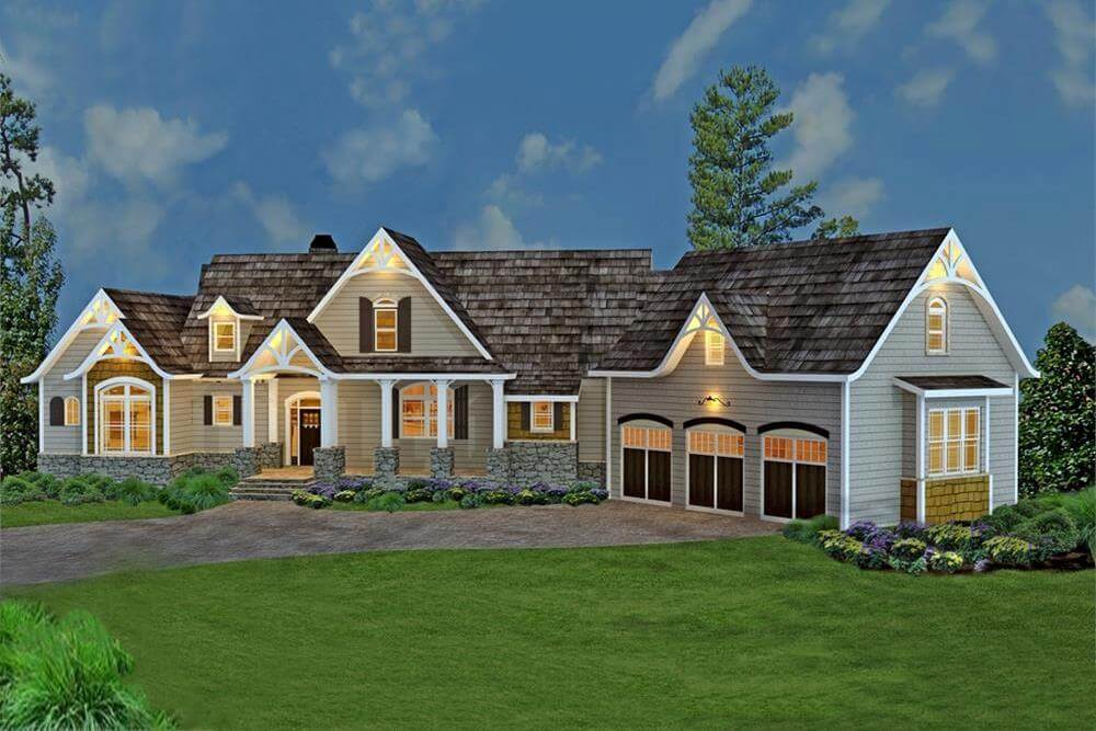 Country-Style 3-Bedroom Craftsman with Bonus Room and In-Law Suite Above the Angled Garage (Floor Plan)