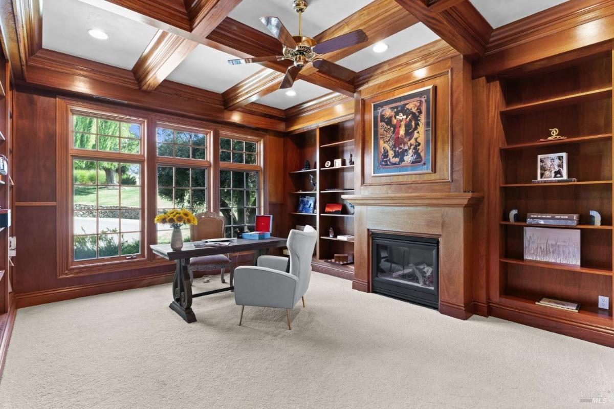 Office featuring wood finishes, a fireplace, and large windows with garden views.