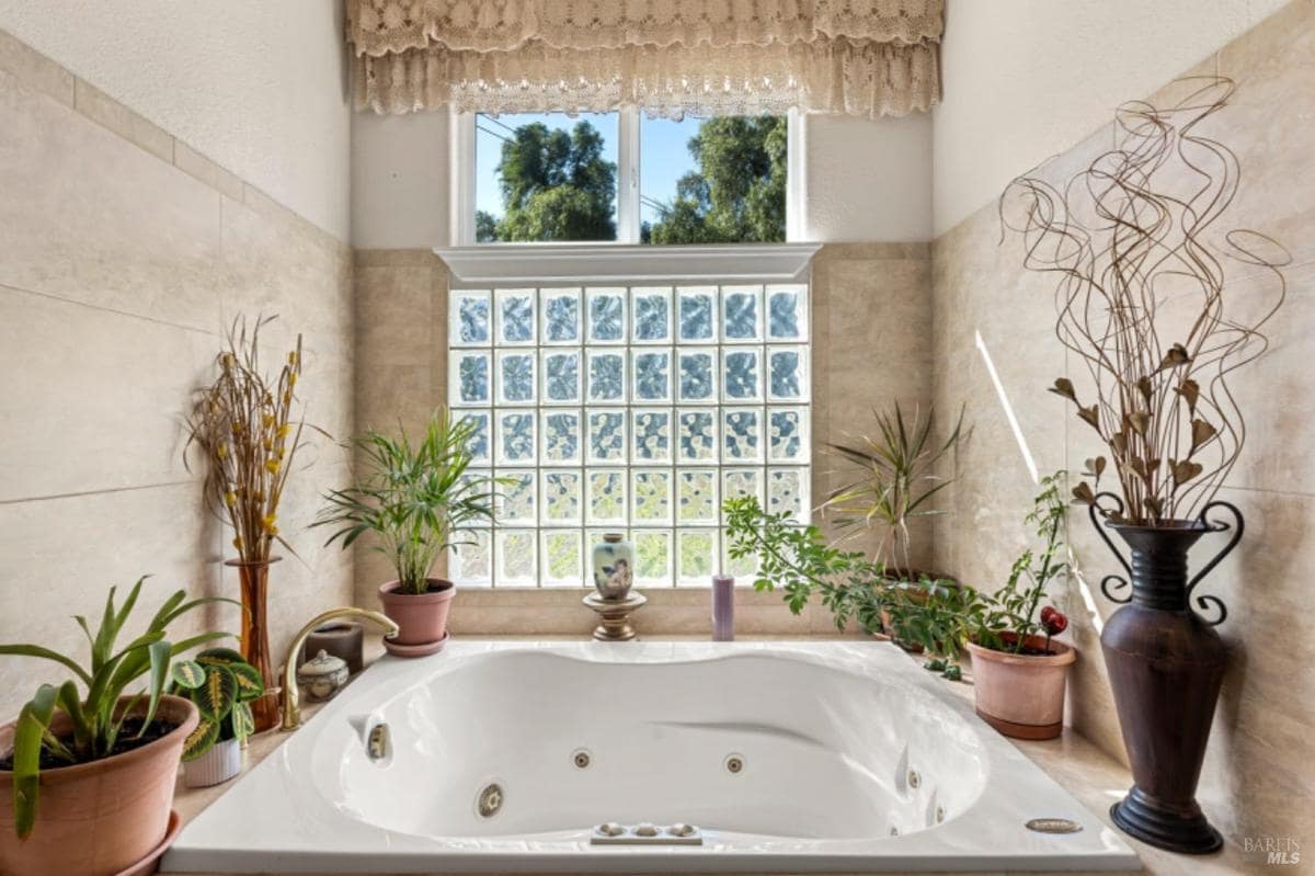 Close-up of a spa tub surrounded by decorative plants.