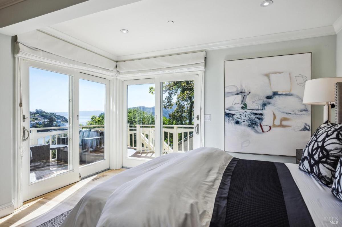 A close-up of a bedroom corner showing the bed, windows, and a large abstract wall painting.