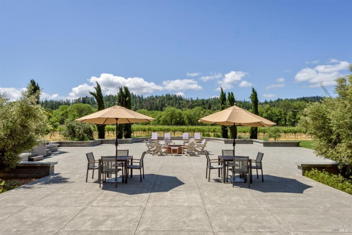 Outdoor patio with tables, chairs, and umbrellas overlooking greenery.