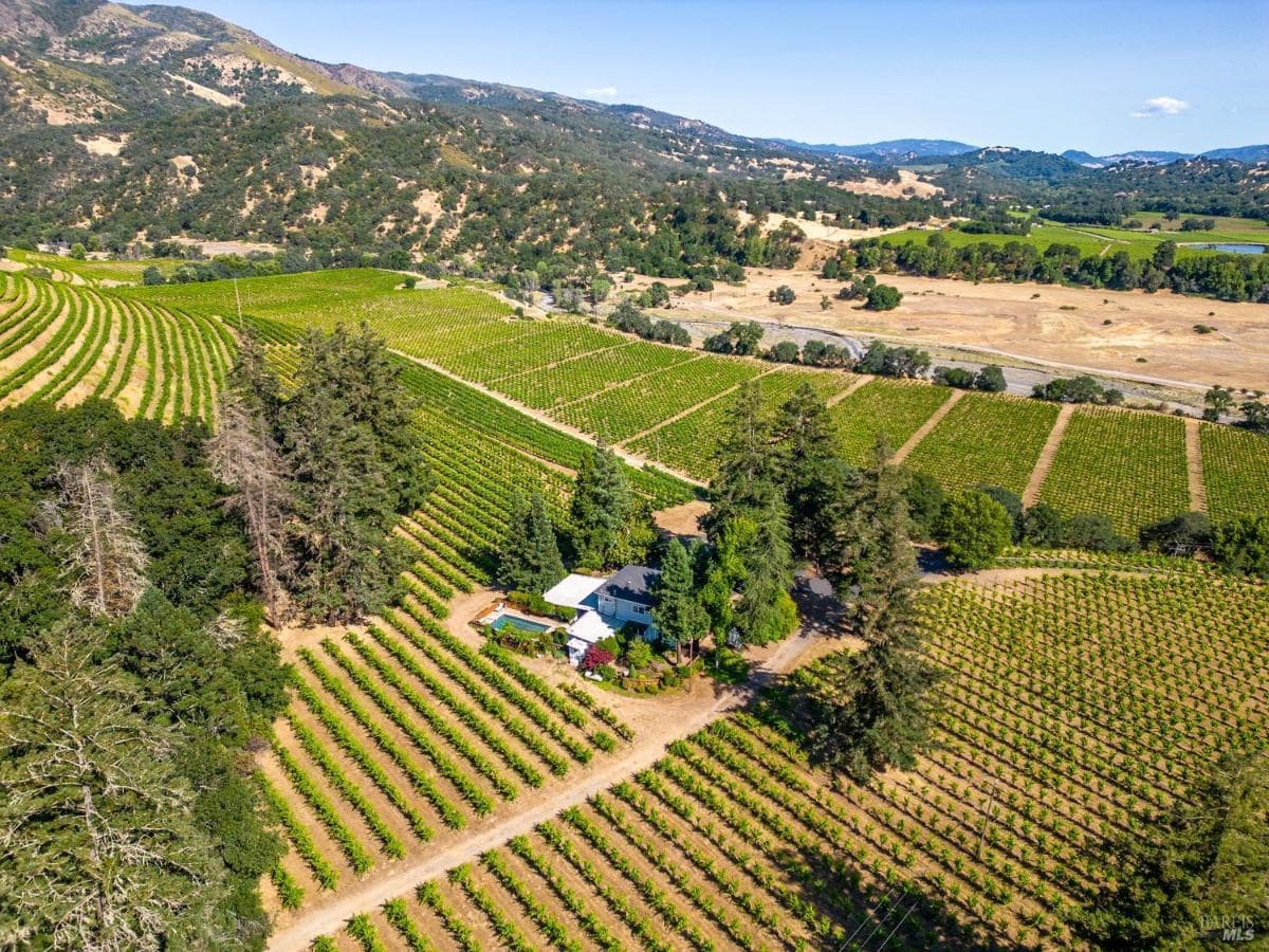 Aerial view of vineyards with a house and pool in the center.