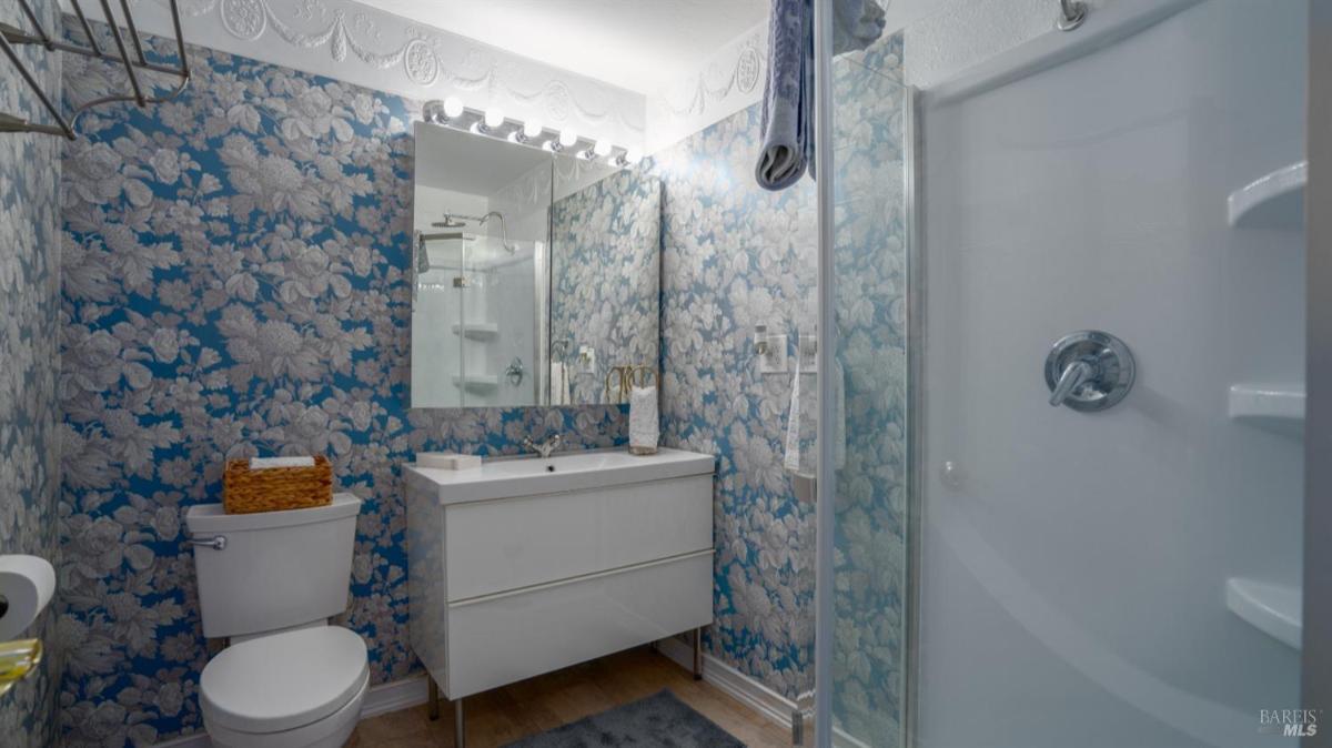 Bathroom with shower, vanity, and blue floral wallpaper.