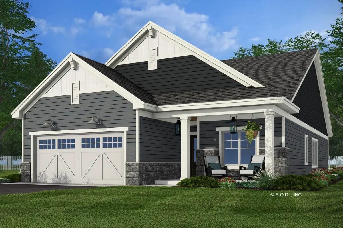 2-Bedroom Country Craftsman Home with Open-Concept Living and Front Porch (Floor Plan)