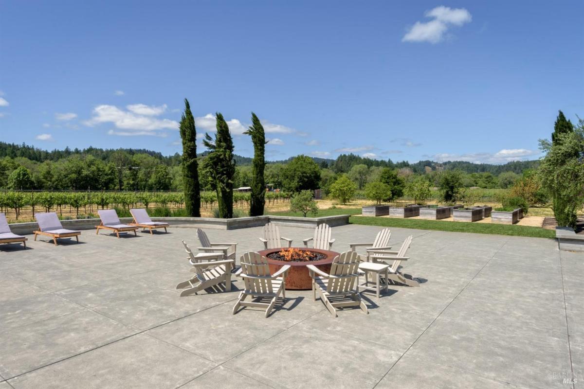 Fire pit area with surrounding chairs and lounge chairs overlooking vineyards.