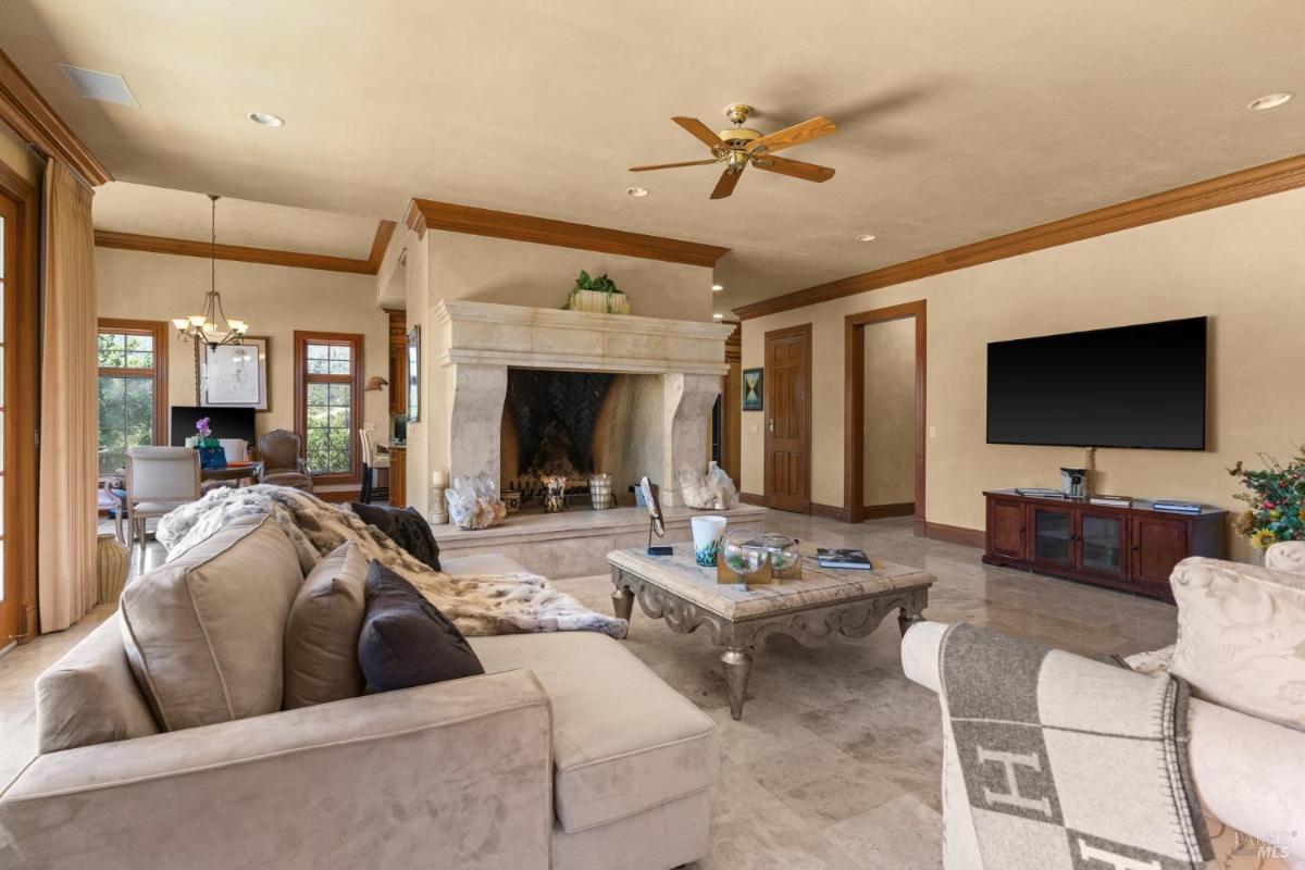 Family room with a stone fireplace, plush seating, and access to the patio.